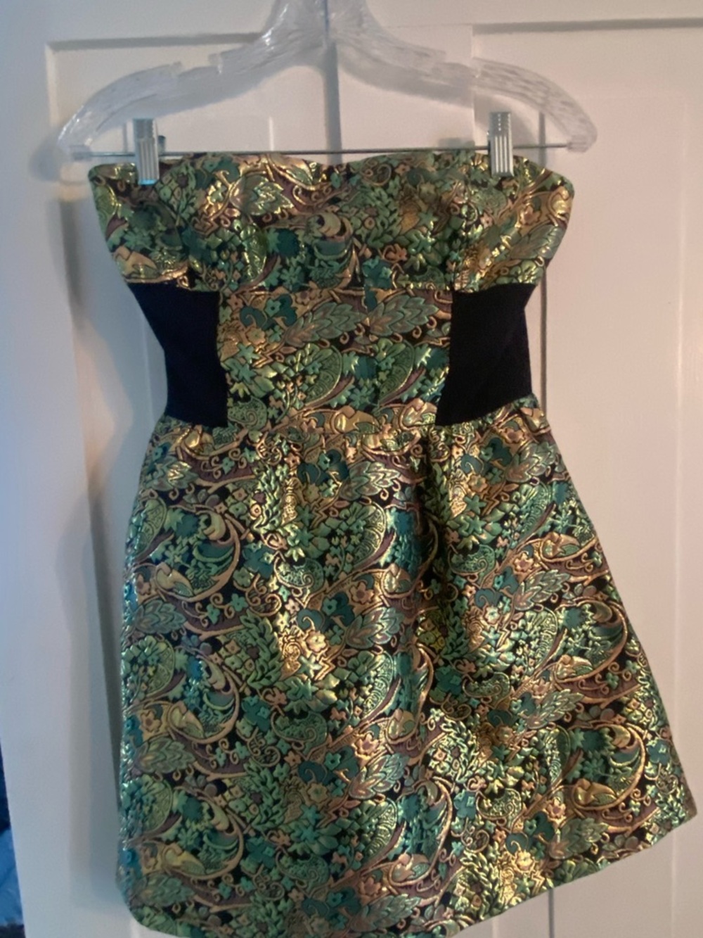 Strapless Green & Gold Brocade Cocktail Dress